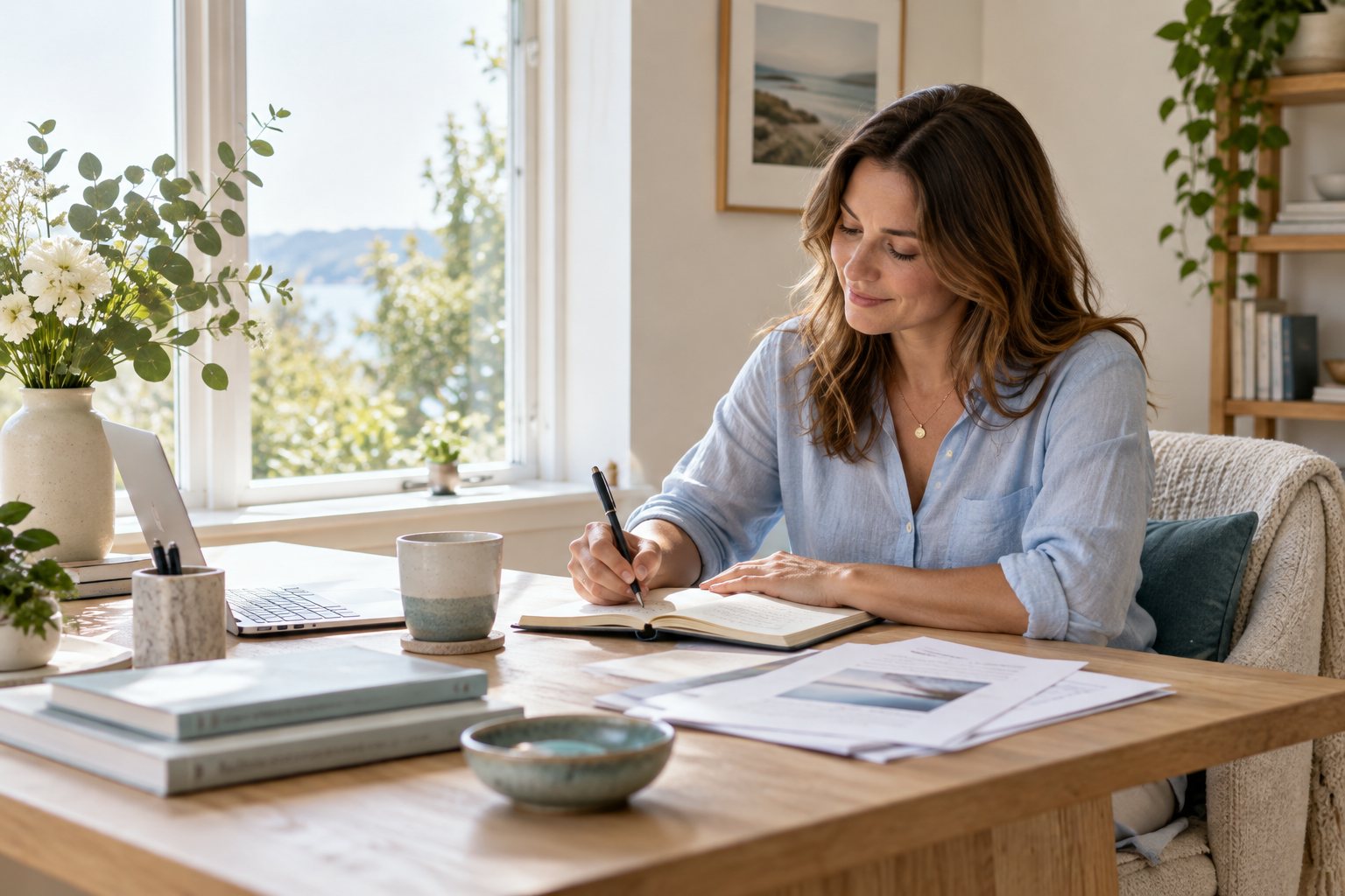 A woman planning her day at an organised desk beside a sunlit window