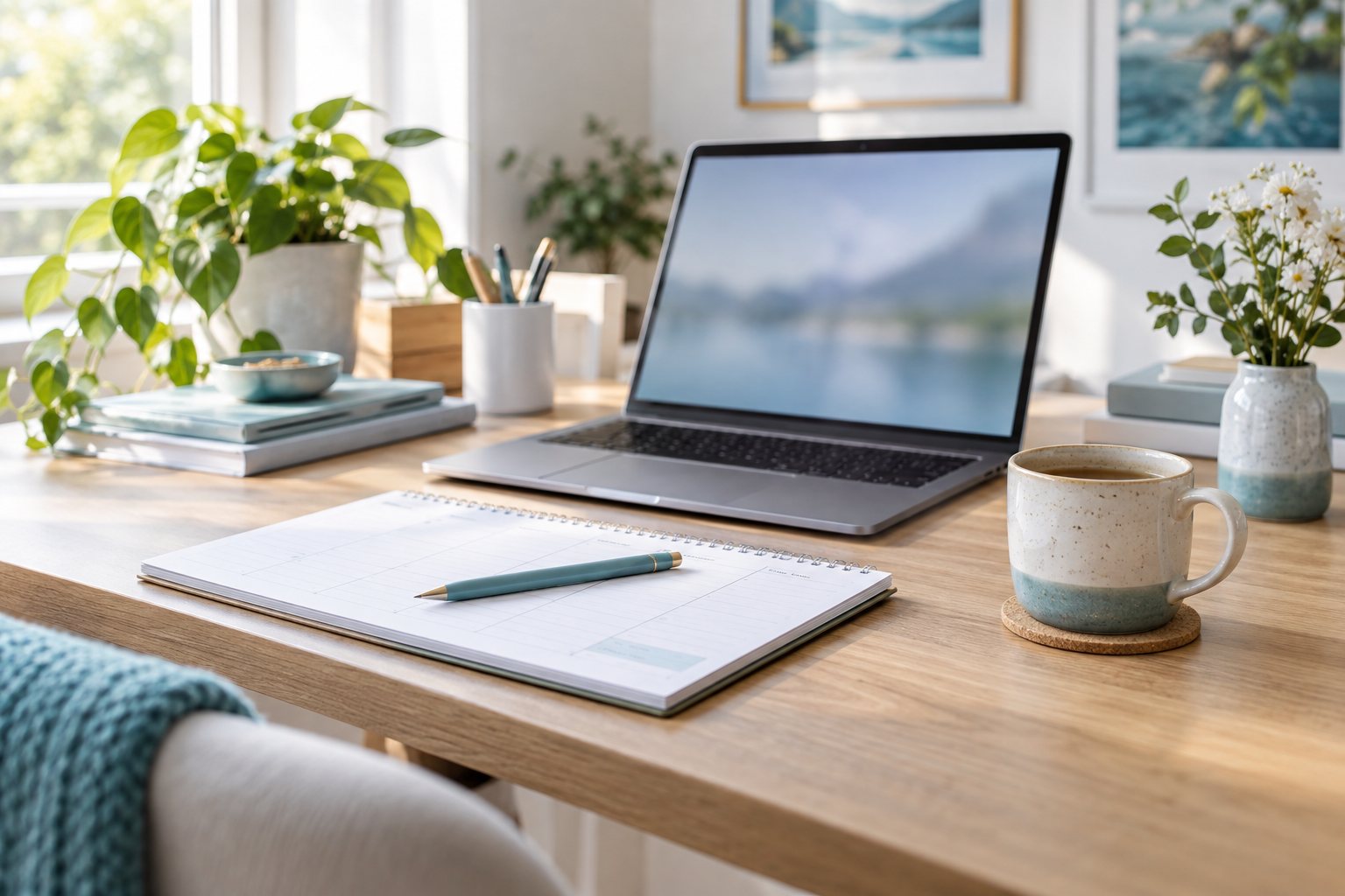 Laptop and paper planner on an organised light wooden desk
