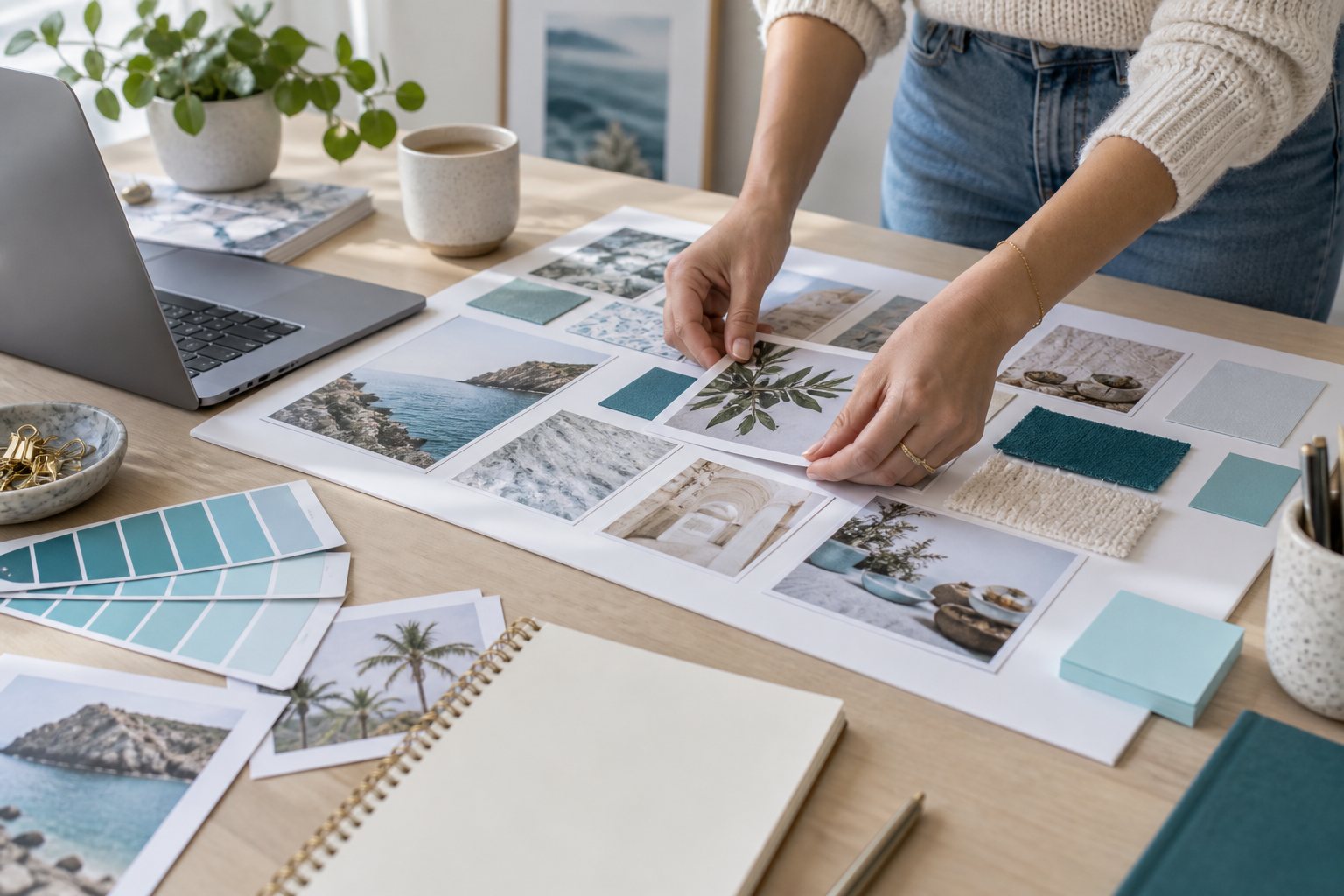 Laptop, colour swatches and content ideas arranged for creative planning