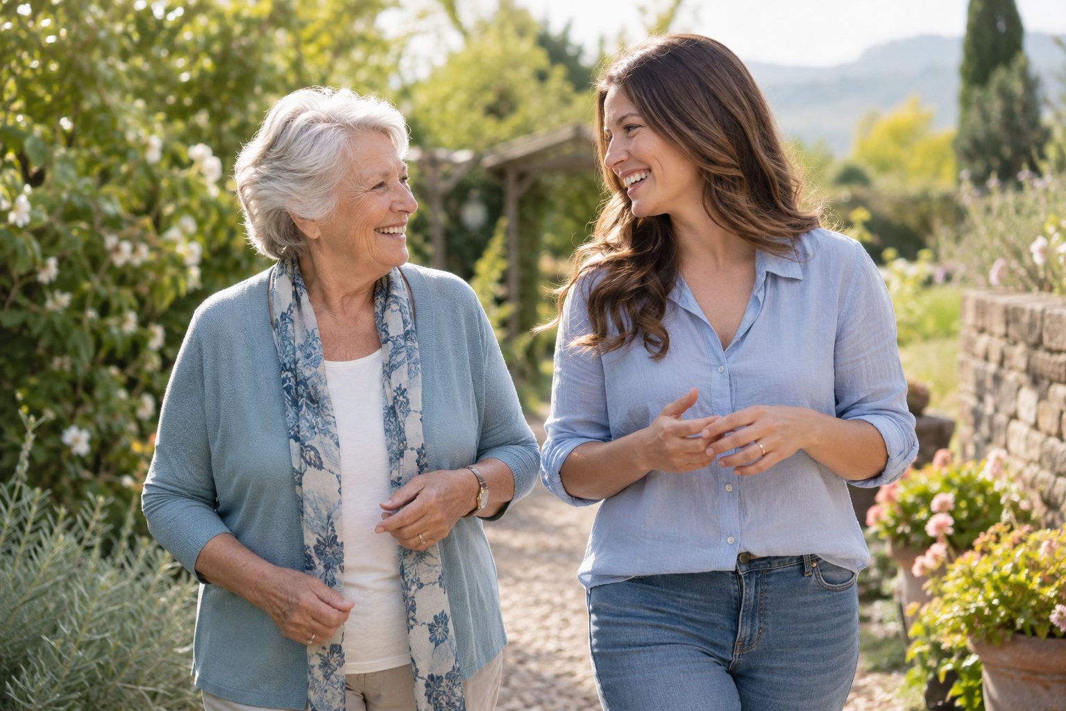 An older woman and a companion sharing a conversation in a sunny garden