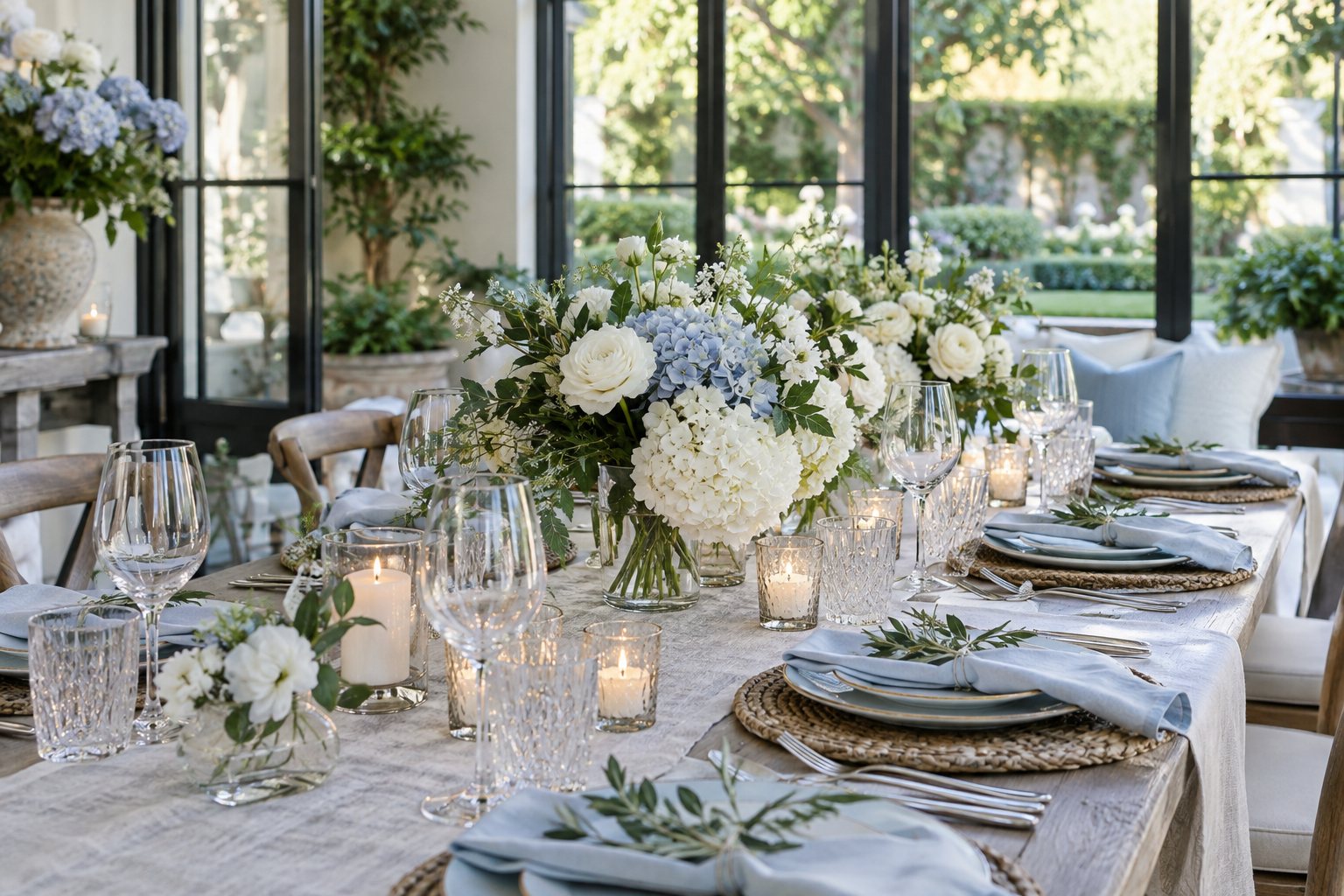 Elegant private celebration table with flowers, linen and glassware