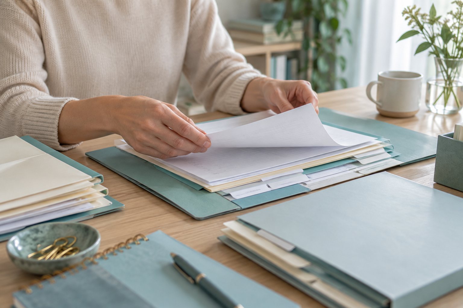 Neatly arranged folders and personal paperwork on a wooden table